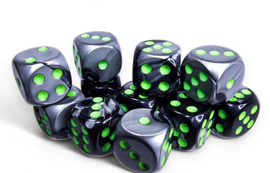 Accessoires - Chessex Dice Set Gemini - Black / Grey / Green (D6 - 12 stuks)