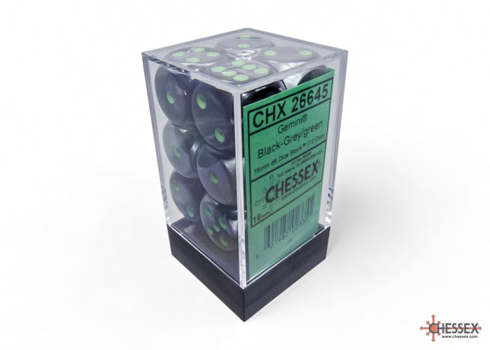 Accessoires - Chessex Dice Set Gemini - Black / Grey / Green (D6 - 12 stuks)